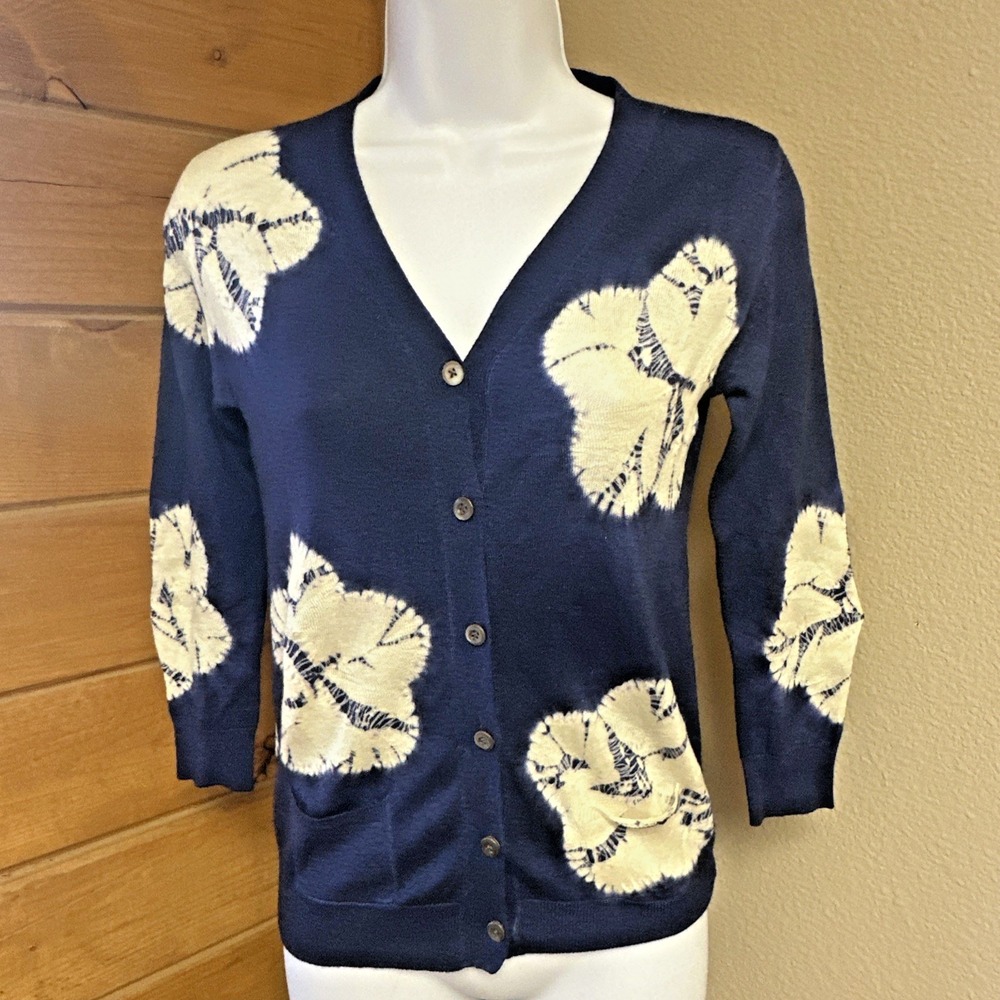 Samantha Sung Wool Cashmere Blend Button Front Cardigan Knit Blue Quiet Luxury